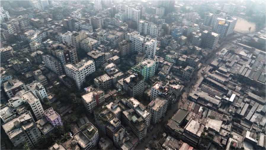 An aerial view of a Dhaka neighbourhood, and home to many CLARISSA participants. CREDIT: CLARISSA.
